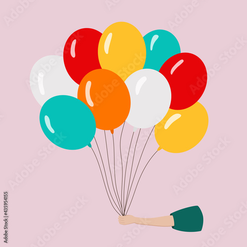 Colorful helium balloons in hand on pink background. Congratulations card. Isolated elements.