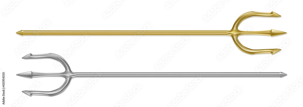 Gold, silver trident, devil pitchfork isolated on white background. Vector realistic set of mythology weapon of greek god Poseidon, Triton or Neptune. Demon tridental spear - obrazy, fototapety, plakaty 
