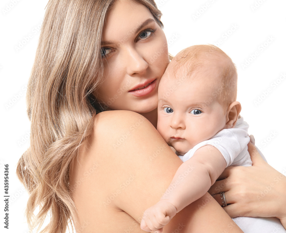 Happy mother with cute little baby on white background, closeup Happy mother with cute little baby on white background, closeup