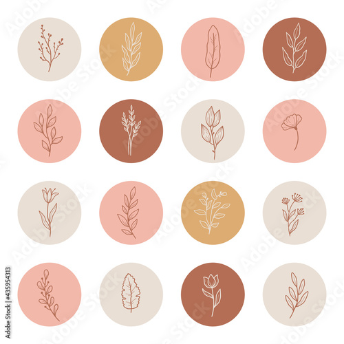 Hand drawn Instagram story highlight with minimal floral leaf, flower, branch elements. Doodle sketch style. Isolated vector illustration for logo, insta highlight, icon.