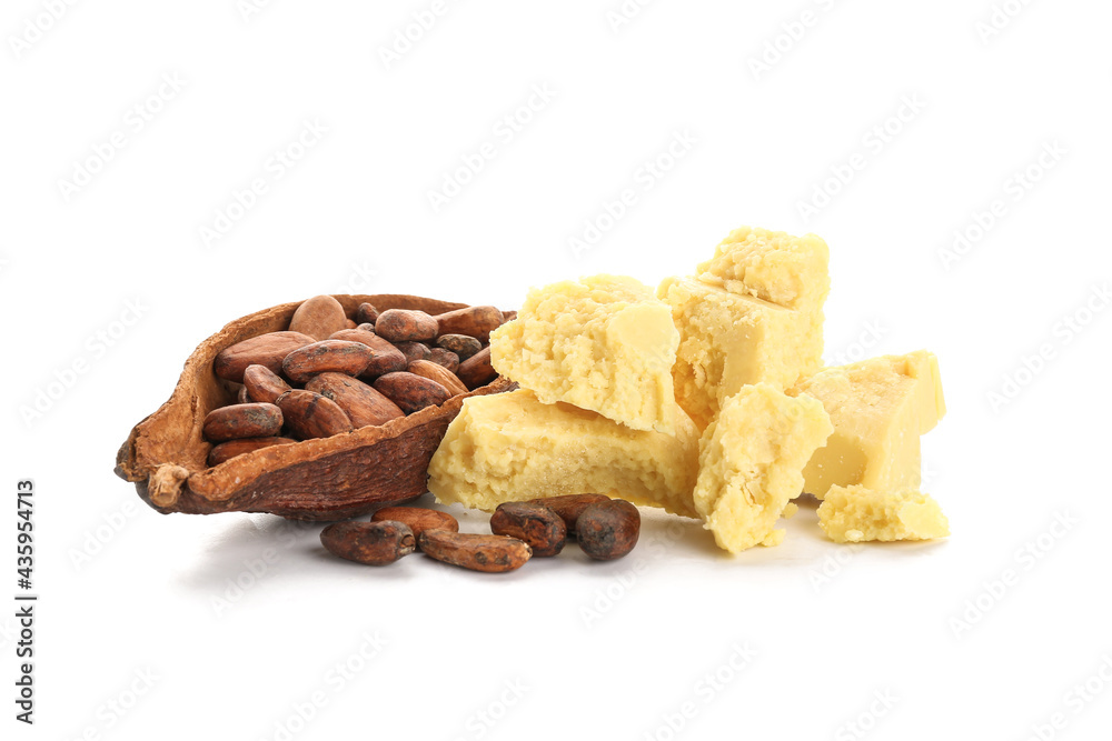 Fototapeta premium Cocoa butter and beans on white background