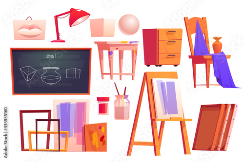 Art classroom furniture, equipment for artist studio. Easel, chalkboard, frames, canvas, paints and brushes. Vector cartoon set of school class interior for education children to draw