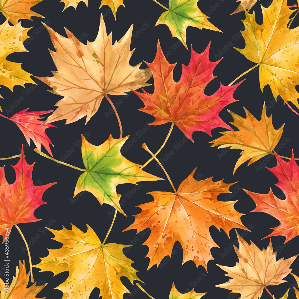 Beautiful vector seamless autumn pattern with watercolor colorful maple leaves. Stock illustration.