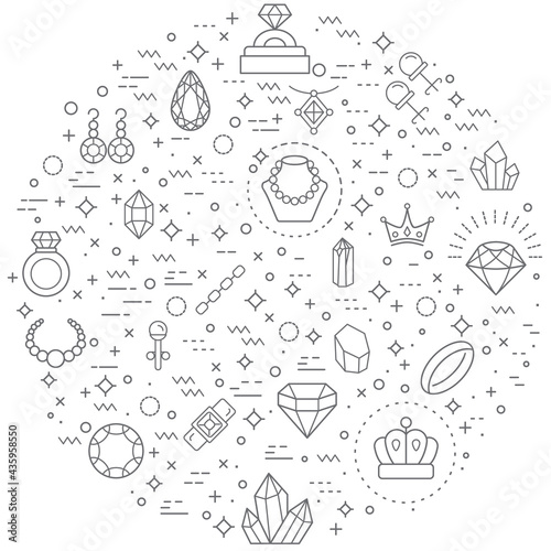 Simple Set of gem and jewelry Related Vector Line Illustration. Contains such Icons as gemstone, diamond, crystal, pear, ring, crown, Earring, Brooch and Other Elements.