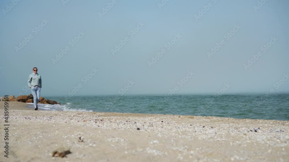 A young woman walks alone along a deserted beach on a sunny day. She reflects on her problems away from the bustle of the city. Walk in the fresh air. A young woman walks alone along a deserted beach on a sunny day. She reflects on her problems away from the bustle of the city. Walk in the fresh air.