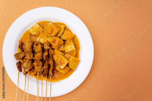 Pork Satay or Sate Babi.

Pork Satay served with a spicy served with Padang sauce and slices of lontong or ketupat (rice cakes), garnished with a sprinkle of bawang goreng (crisp fried shallot) photo