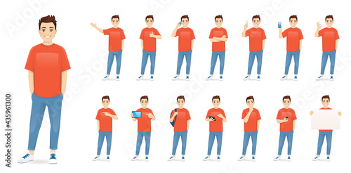 Young man in casual clothes standing with different gestures set isolated vector illustration