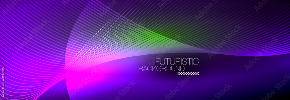 Abstract neon glowing light in the dark with waves. Shiny magic energy and motion concept, vector abstract wallpaper background Abstract neon glowing light in the dark with waves. Shiny magic energy and motion concept, vector abstract wallpaper background