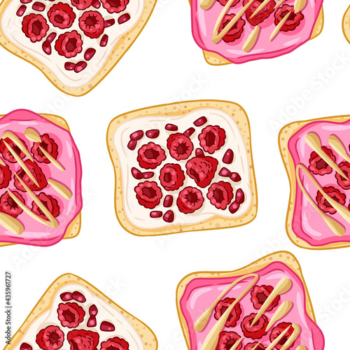 Toast bread sandwiches comic style seamless border pattern. Sandwiches with raspberries and garnet seeds wallpaper. Breakfast food background texture tile