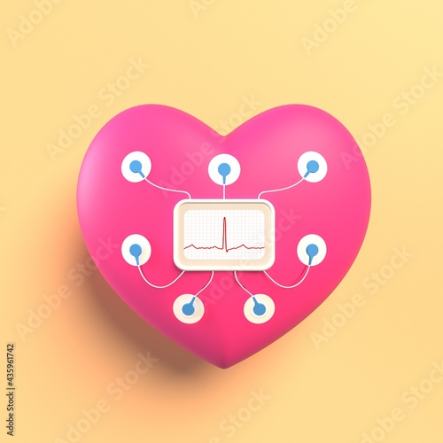 Toy heart with holter and sensors on a light yellow background. Electro Cardiogram. 3d rendering photo