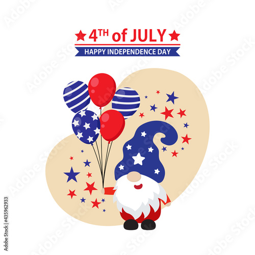 Cute gnome celebrates 4th of July. USA independence day. Flat vector cartoon design