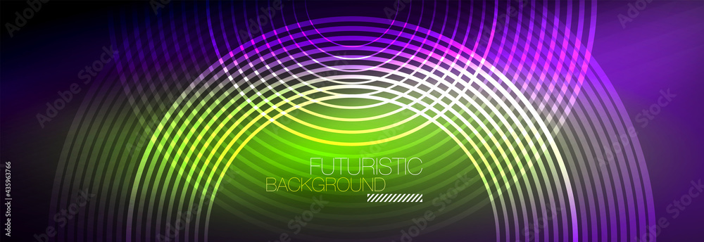 Fototapeta premium Dark abstract background with glowing neon circles. Trendy layout template for business or technology presentation, internet poster or web brochure cover, wallpaper