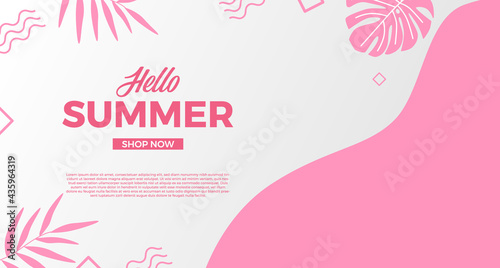 Basic RGBHello summer sale offer banner promotion with wave curve shape with memphis abstract style and leaves illustration