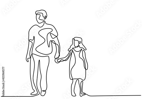 Continuous single line drawing of young daddy holding his daughter and walking together at the street. Happy Father's Day theme isolated on white background. Vector minimalist design illustration