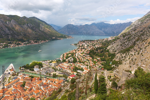 Top view of old town Kotor and Boka Kotorska bay on the Adriatic sea in summer day. © Lapidus