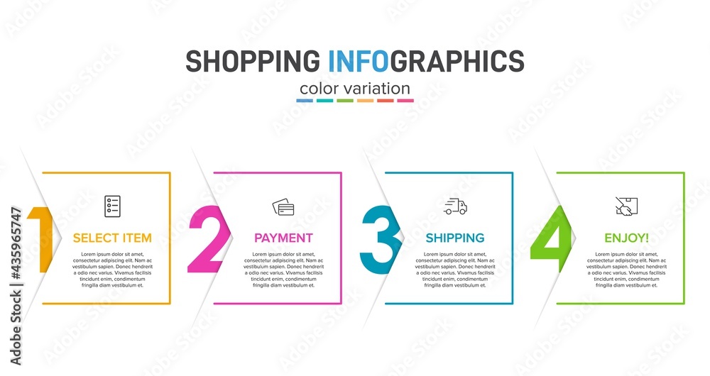 Concept of shopping process with 4 successive steps. Four colorful graphic elements. Timeline design for brochure, presentation, web site. Infographic design layout.