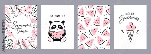 Little panda - set of postcards. Collection of posters dedicated to summer with hand-lettered text and drawings in pink and black colors
