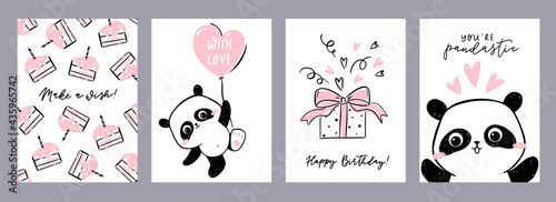 Little panda - set of postcards. Collection of birthday cards with lettering and drawings of cute panda, pieces of cakes and gift box.