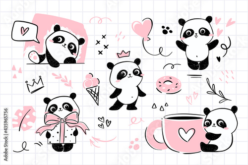 Little panda - small clipart set. collections of illustrations with cute panda character in various poses - hugging cup of coffee, holding a gift, waving, standing with a crown.