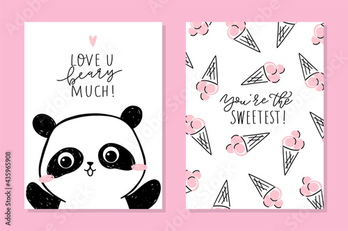 Little panda - set of cards. Cute panda character and text- Love u beary much. Scattered ice-cream illustrations and phrase - You're the sweetest. Vector cartoon art