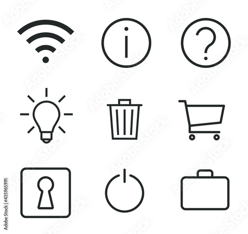 Web application interface icon collection. Internet page and website vector symbol set. wi-fi, info, question mark, lightbulb, trashcan and shopping cart button sign. Keyhole, power, and suitcase logo