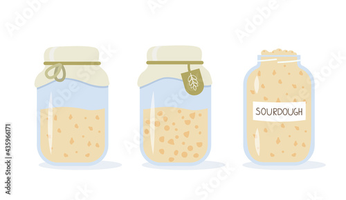 Set of icons of sourdough bread starter in mason jar for home baking. Homemade yeast dough in glass bottle. Healthy organic gluten free diet. Flat cartoon vector illustration.