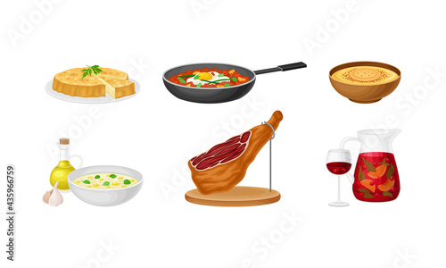 Spanish Cuisine with Dry-cured Bacon and Pie with Savory Stuffing Served on Plate Vector Set