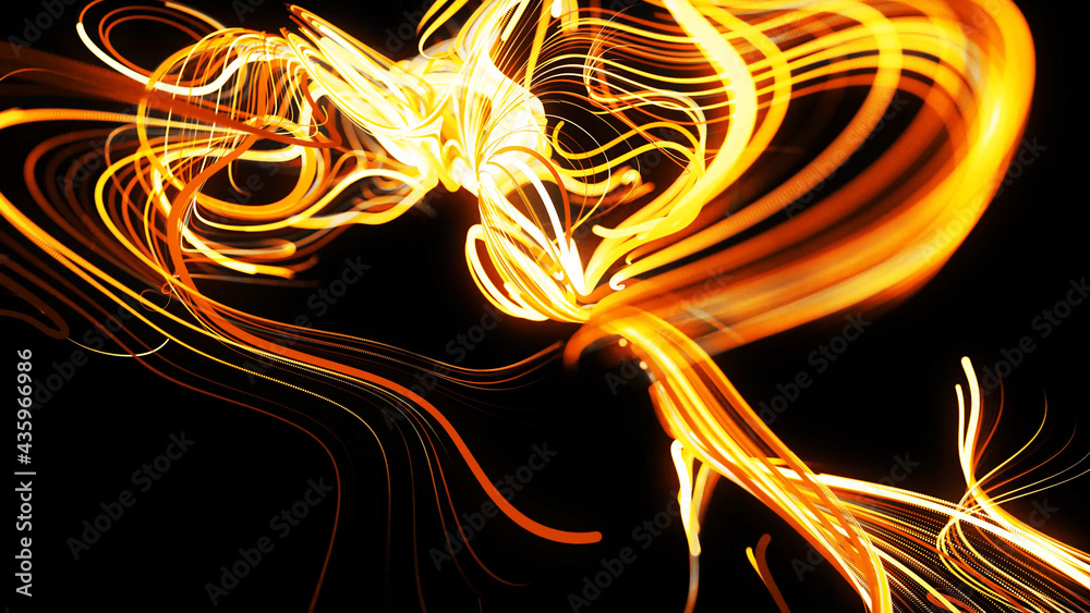 particles forms curled yellow lines like glow light trails, lines form swirling pattern like curle noise. Bright creative festive background. 3d render