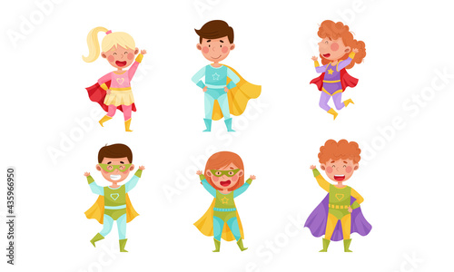 Children Wearing Superhero Costume Pretending to Have Super Power Vector Set