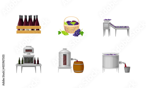 Grape Wine Production with Alcoholic Fermentation and Pouring in Bottles Process Vector Set