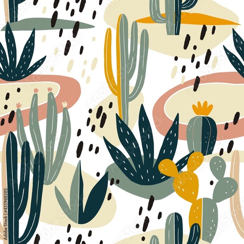 Hand drawn desert cactus vector seamless pattern.  Fresh summer vector print for home decor