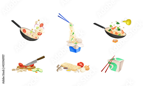 Chinese Udon Noodle Preparation Steps with Ingredients Chopping and Stir-frying in Wok Pan Vector Set.