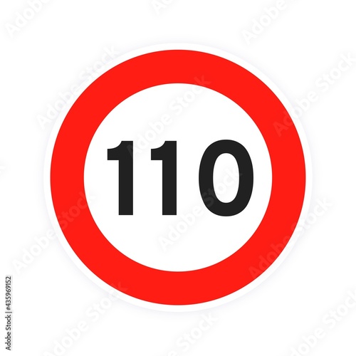 Speed limit 110 round road traffic icon sign flat style design vector illustration isolated on white background. Circle standard road sign with number 110 kmh.