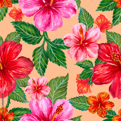 Hand painting seamless background pattern inspired by Tropical houseplants Hibiscus flower