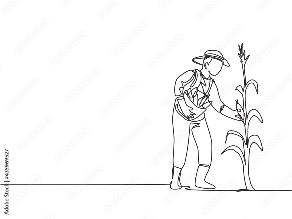 Single one line drawing of young male farmer picking the corn on the tree. Professional farmer. Farming challenge minimalist concept. Modern continuous line draw design graphic vector illustration.