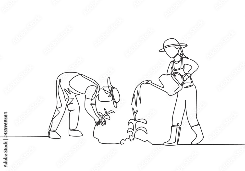 Single one line drawing of couple farmer water the plants using a watering can and planting plants. Farmer planting activities concept. Modern continuous line draw design graphic vector illustration.