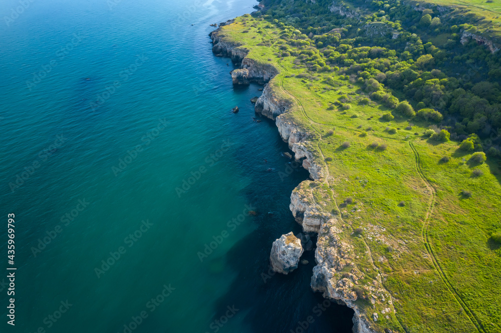 Aerial view with picturesque rocky coastline, nature park Yailata at the Black Sea coast, Bulgaria