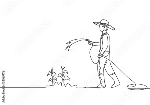 Single continuous line drawing young male farmer standing on farm field while watering the plants using a hose. Farmer planting activities concept. One line draw graphic design vector illustration.