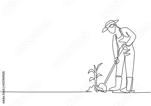 Single continuous line drawing young female farmer shoveled the soil with the plants using a shovel. Farming challenge minimalist concept. Dynamic one line draw graphic design vector illustration.