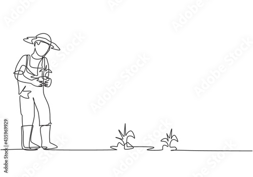 Single one line drawing of young male farmer bring crops to be planted in farm fields. Farming challenge activities minimalist concept. Modern continuous line draw design graphic vector illustration.