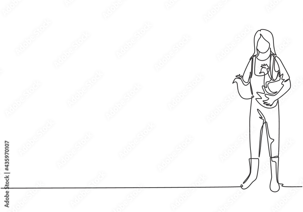 Single one line drawing of young female farmer carried the chicken with both hands to return to the coop. Farming challenge minimal concept. Continuous line draw design graphic vector illustration. Single one line drawing of young female farmer carried the chicken with both hands to return to the coop. Farming challenge minimal concept. Continuous line draw design graphic vector illustration.