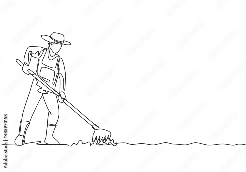 Continuous one line drawing young male farmer leveling the ground using a rake. Start a new planting season. Successful farming minimalist concept. Single line draw design vector graphic illustration.