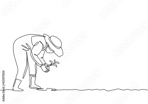 Continuous one line drawing young female farmer planting plant shoots in the ground. Start the planting period. Success farming minimalist concept. Single line draw design vector graphic illustration.