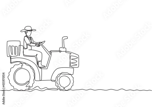Single continuous line drawing young male farmer drive a tractor to plow the fields. Start a new planting period. Farming minimalism concept. Dynamic one line draw graphic design vector illustration.