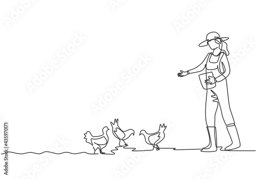 Single one line drawing of young female farmer is feeding the chickens with chicken feed. Farming challenge activities minimal concept. Modern continuous line draw design graphic vector illustration.