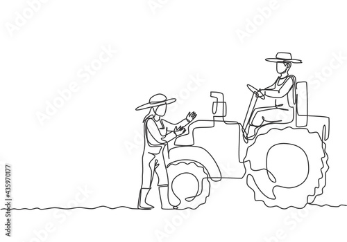 Single continuous line drawing male farmer drive a tractor to plow the fields and female farmers helped. Successful farming challenge minimal concept. One line draw graphic design vector illustration.