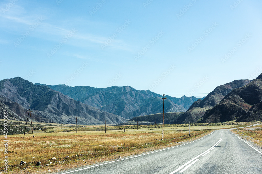 Russia, Altai, landscape. Road and mountains in the background