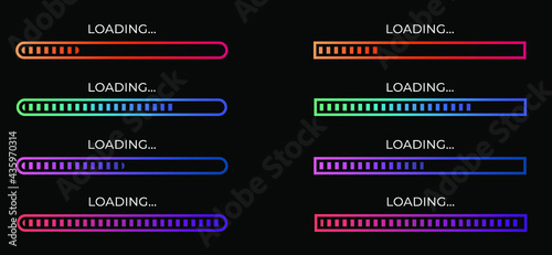 Set of download progress icons, speed indicator showing the status of file download from the Internet. Application interface button template for games, sites. Vector illustration