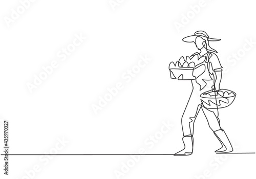 Continuous one line drawing young female farmer carrying boxes and baskets of fruit in her right and left hands. Success farming minimalist concept. Single line draw design vector graphic illustration