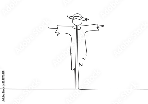 Single continuous line drawing of scarecrow installed by farmers to ward off pest birds which has damaged rice crops in the fields. Minimalism concept. One line draw graphic design vector illustration